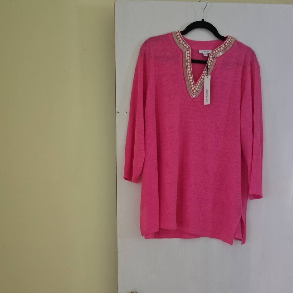Chico's Pink Embellished Tunic with Mandarin Collar